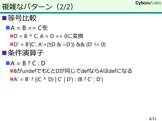 等号比較
A = B == Cを
D = B ^ C, A = D == 0に変換
D' = B'|C', A'=(!(D & ~D')) && (D' != 0)
条件演算子
A = B ? C : D
BがundefでもCとDが同じでdefならAはdefになる
A' = B' ? ((C ^ D) | C' | D') : (B ? C' : D')
8/11
複雑なパターン（2/2）
 