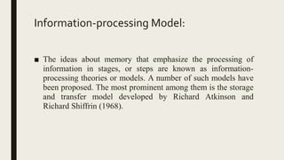 Information-processing Model:
■ The ideas about memory that emphasize the processing of
information in stages, or steps are known as information-
processing theories or models. A number of such models have
been proposed. The most prominent among them is the storage
and transfer model developed by Richard Atkinson and
Richard Shiffrin (1968).
 