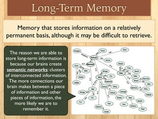 Long-Term Memory
Memory that stores information on a relatively
permanent basis, although it may be difﬁcult to retrieve.
...