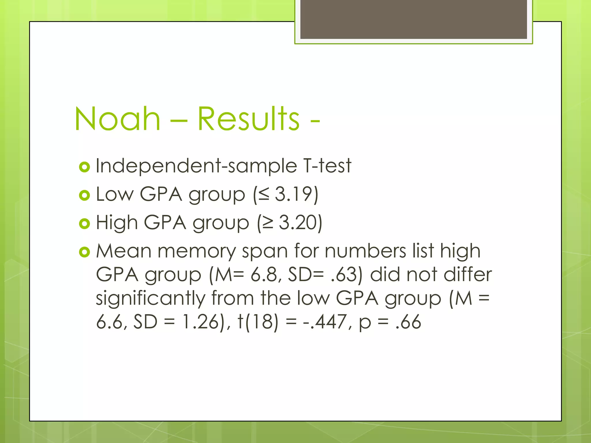 Noah – Results -
 Independent-sample       T-test
 Low GPA group (≤ 3.19)
 High GPA group (≥ 3.20)
 Mean memory span for numbers list high
  GPA group (M= 6.8, SD= .63) did not differ
  significantly from the low GPA group (M =
  6.6, SD = 1.26), t(18) = -.447, p = .66
 