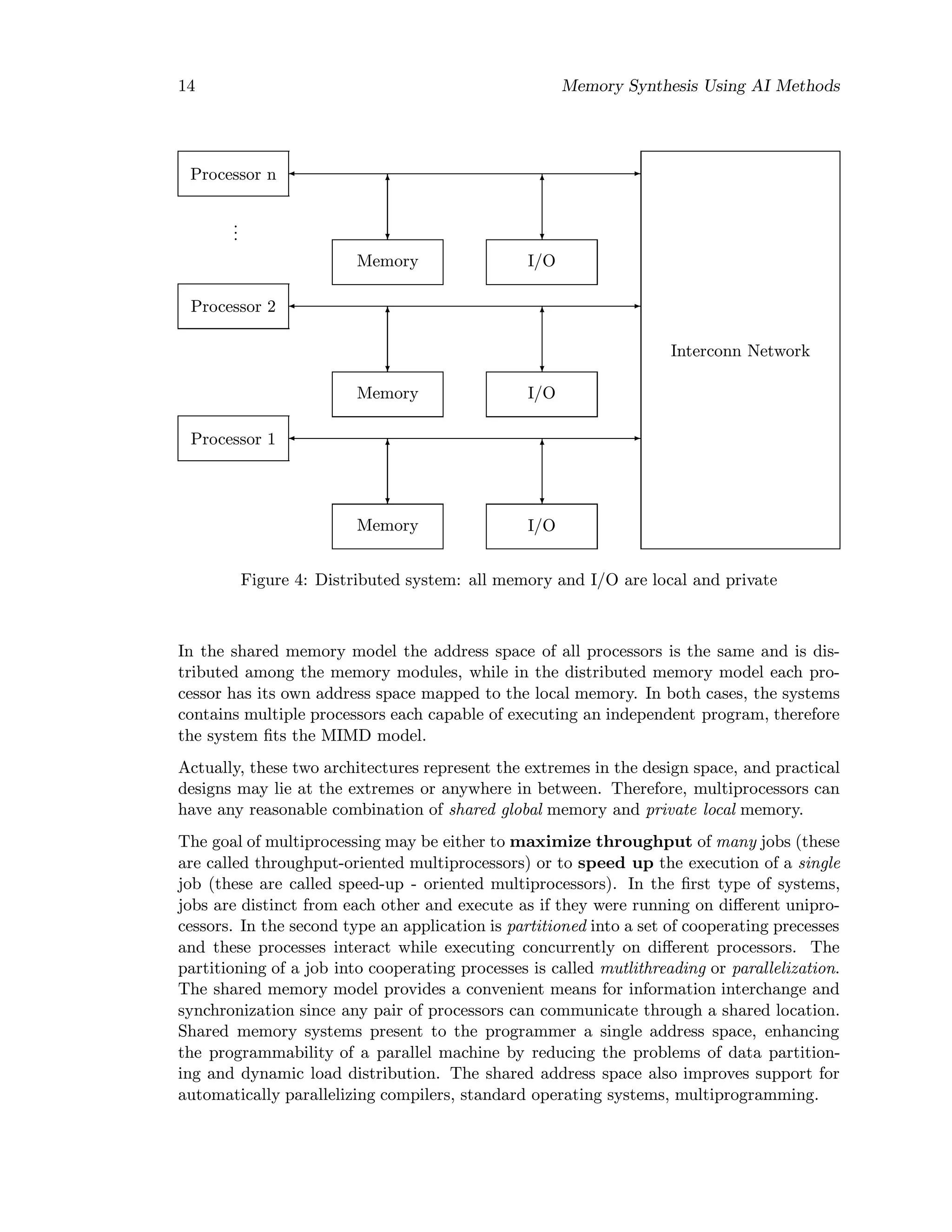 14 Memory Synthesis Using AI Methods
Processor 1
Processor 2
...
Processor n
Memory
Memory
Memory
I/O
I/O
I/O
Interconn Network
Figure 4: Distributed system: all memory and I/O are local and private
In the shared memory model the address space of all processors is the same and is dis-
tributed among the memory modules, while in the distributed memory model each pro-
cessor has its own address space mapped to the local memory. In both cases, the systems
contains multiple processors each capable of executing an independent program, therefore
the system ﬁts the MIMD model.
Actually, these two architectures represent the extremes in the design space, and practical
designs may lie at the extremes or anywhere in between. Therefore, multiprocessors can
have any reasonable combination of shared global memory and private local memory.
The goal of multiprocessing may be either to maximize throughput of many jobs (these
are called throughput-oriented multiprocessors) or to speed up the execution of a single
job (these are called speed-up - oriented multiprocessors). In the ﬁrst type of systems,
jobs are distinct from each other and execute as if they were running on diﬀerent unipro-
cessors. In the second type an application is partitioned into a set of cooperating precesses
and these processes interact while executing concurrently on diﬀerent processors. The
partitioning of a job into cooperating processes is called mutlithreading or parallelization.
The shared memory model provides a convenient means for information interchange and
synchronization since any pair of processors can communicate through a shared location.
Shared memory systems present to the programmer a single address space, enhancing
the programmability of a parallel machine by reducing the problems of data partition-
ing and dynamic load distribution. The shared address space also improves support for
automatically parallelizing compilers, standard operating systems, multiprogramming.
 
