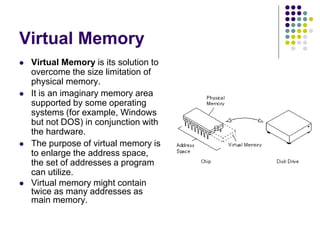 Virtual Memory
 Virtual Memory is its solution to
overcome the size limitation of
physical memory.
 It is an imaginary memory area
supported by some operating
systems (for example, Windows
but not DOS) in conjunction with
the hardware.
 The purpose of virtual memory is
to enlarge the address space,
the set of addresses a program
can utilize.
 Virtual memory might contain
twice as many addresses as
main memory.
 