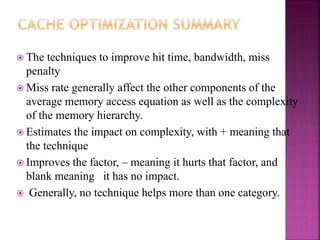  The techniques to improve hit time, bandwidth, miss
penalty
 Miss rate generally affect the other components of the
average memory access equation as well as the complexity
of the memory hierarchy.
 Estimates the impact on complexity, with + meaning that
the technique
 Improves the factor, – meaning it hurts that factor, and
blank meaning it has no impact.
 Generally, no technique helps more than one category.
 