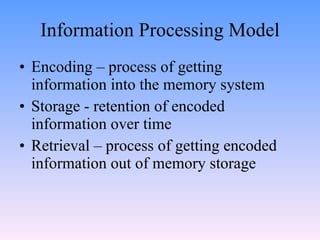 Information Processing Model <ul><li>Encoding – process of getting information into the memory system </li></ul><ul><li>St...