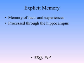 Explicit Memory <ul><li>Memory of facts and experiences  </li></ul><ul><li>Processed through the hippocampus </li></ul><ul...