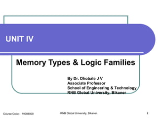 UNIT IV
Memory Types & Logic Families
By Dr. Dhobale J V
Associate Professor
School of Engineering & Technology
RNB Global University, Bikaner
RNB Global University, Bikaner. 1Course Code - 19004000
 