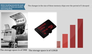 Before heading towards the main
content let me show you another
interesting thing
The changes in the size of these memory chips over the period of 5 decayed
The storage space is of 5MB The storage space is of 128GB
 