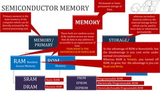 Dynamic RAM
Static RAM Programmable ROM
Electrically Programmable ROM
Electrically Erasable Programmable ROM
HDD
FDD
DVD
Pen-drive
MEMORY
MEMORY/
PRIMARY
RAM Random
Access Memory
ROM Read Only
Memory
PROM
EPROM
EEPROM
SRAM
DRAM
STORAGE/
SECONDRY
SEMICONDUCTOR MEMORY
Primary memory is the
main memory of the
computer which can be
directly accessed by the
central processing unit,
whereas secondary
memory refers to the
external storage device
which can be used to
store data or information
permanently
Permanent or Semi-
permanent storage of
Data.
These both are random access
& By random access we mean
that all data in any address is
accessible in an equal amount of
time.
TEHN WHAT IS THE
DIFFERENCE B/W ROM & RAM
Read Only. It means You can read only, and most
of its part is permanent, or semi-permanent. i.e. it
cant be written in normal circumstances. It is
NONVOLATILE. Its not going to disappear.
Think about 1 & 0 s engrave into a tiny tiny tiny
stone put in your computer and you cant erase it.
The advantage of ROM is, when you turn it off ,
and you turn it back ON the memory is still there,
So the advantage of ROM is Nonvolatile, but
the disadvantage is you cant write under
normal circumstances
Whereas RAM is Volatile, you turned off
RAM, its gone, but the advantage is you can
Read and Write.
 