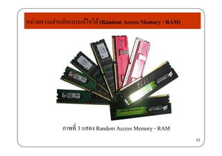 หน่วยความจําหลักแบบแก้ไขได้(Random Access Memory - RAM)y
ภาพที่ 3 แสดง Random Access Memory - RAM
12
y
 