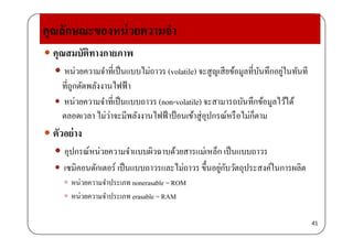 คุณลักษณะของหน่วยความจํา
 คุณสมบัติทางกายภาพ
 ่ ํ ี่ ป็ ไ ่ ี ้ ี่ ั ึ ่ใ ั ี หน่วยความจําทีเป็นแบบไม่ถาวร (volatile) จะสูญเสียข้อมูลทีบันทึกอยู่ในทันที
ที่ถูกตัดพลังงานไฟฟ้า
่ ็ หน่วยความจําที่เป็นแบบถาวร (non-volatile) จะสามารถบันทึกข้อมูลไว้ได้
ตลอดเวลา ไม่ว่าจะมีพลังงานไฟฟ้าป้อนเข้าสู่อุปกรณ์หรือไม่ก็ตาม
 ตัวอย่าง
 อปกรณ์หน่วยความจําแบบผิวฉาบด้วยสารแม่เหล็ก เป็นแบบถาวรอุปกรณหนวยความจาแบบผวฉาบดวยสารแมเหลก เปนแบบถาวร
 เซมิคอนดักเตอร์ เป็นแบบถาวรและไม่ถาวร ขึ้นอยู่กับวัตถุประสงค์ในการผลิต
 ่ ํ ป bl ROM หนวยความจาประเภท nonerasable = ROM
 หน่วยความจําประเภท erasable = RAM
41
 