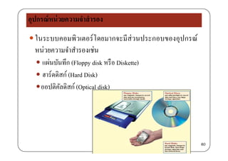 อุปกรณ์หน่วยความจําสํารอง
 ในระบบคอมพิวเตอร์โดยมากจะมีส่วนประกอบของอุปกรณ์
หน่วยความจําสํารองเช่น
 แผ่นบันทึก (Floppy disk หรือ Diskette) แผนบนทก (Floppy disk หรอ Diskette)
 ฮาร์ดดิสก์ (Hard Disk)
ออปติคัลดิสก์ (Optical disk)
80
 