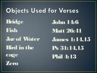 Bridge
Fish
Jarof Water
Bird in the
cage
Zero
John 14:6
Matt 26:41
James 1:14,15
Ps 31:14,15
Phil 4:13
