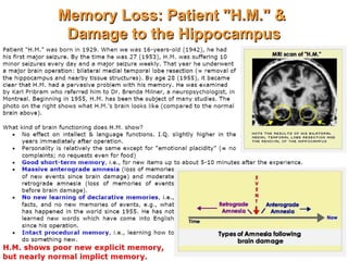 Memory Loss: Patient "H.M." &Memory Loss: Patient "H.M." &
Damage to the HippocampusDamage to the Hippocampus
 