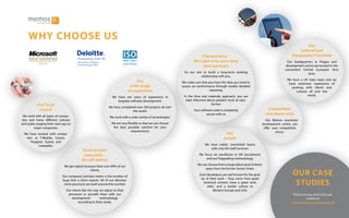 Our Track
record
We work with all types of compa-
nies and many different cultures
and styles ranging from start-ups to
major companies.
We have worked with compa-
nies as T-Mobile, Canon,
Peugeot, Scania and
Leaseplan.
Our
wide range
of experience
We have ten years of experience in
bespoke software development.
We have completed over 350 projects all over
the world.
We work with a wide variety of technologies.
We are very flexible so that we can choose
the best possible solution for your
requirements.
Great project
execution –
We will deliver
We get repeat business from over 80% of our
clients.
Our company’s primary metric is the number of
bugs that a client reports. All of our develop-
ment processes are built around this number.
Our clients like the way we adjust to their
processes or provide them with our
development methodology
according to their needs.
Our
people
We have stable, committed teams
with only 6% staff turnover.
We focus on excellence in HR recruitment,
and use Topgrading methodology.
We can choose from a huge talent pool of devel-
opers from the former Soviet Union.
Such developers are well-known for the qual-
ity of their work – they come from great
technical schools, have a great work
ethic, and a similar culture to
Western Europe and USA.
Transparency –
We want to be your long
term partners
It’s our aim to build a long-term working
relationship with you.
We make sure that you have the data you need to
assess our performance through weekly detailed
reporting.
In the time and materials approach, you are
kept informed about people’s level of satis-
faction
Your software code is completely
secure with us
Our
Cultural and
Geographic Proximity
Our headquarters in Prague and
development centre are located in the
convenient Central European time
zone.
We have a UK Sales team and we
have extensive experience of
working with clients and
cultures all over the
world.
Competitive
nearshore costs
Our Belarus nearshore
development centre can
offer very competitive
prices.
WHY CHOOSE US
OUR CASE
STUDIES
Check out our work and case
studies at
www.memos-outsourcing.com!
ISO
9001:2001
CERTIFIED
Technology Fast 50
‘Rising Star’ Category
Central Europe 2007
 