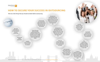 HOW TO SECURE YOUR SUCCESS IN OUTSOURCING
Here are a few things that you should consider before outsourcing:
Communicate
your expectations
clearly; never assume
that contractors are
thinking what you
are thinking
Set yourself
realistic
expectations.
Start with
small projects if
you are not experi-
enced in
outsourcing
Ensure that your
partner provides
technical project docu-
mentation so that you will
be able to move to a differ-
ent outsourcing provider
if this is required in the
future
Hold interviews
with people that are
in your outsourced
team so they will fit in
better among your
own employees
If you are
hiring a dedicated
team, be clear about
your requirements
for people
Development
methodology should
be in place; if you are
already using one, we will
adjust to it, but if you do
not have one, we will
look after this for
you
In case of
a fixed price project,
ensure your specifica-
tions are clear (if you
have problems with
this, we can help
you)
You
should have
a project manager
who will be responsi-
ble for the project (it
might be on our site
or your site)
You should
nominate one
person on your site
who is responsible
for outsourcing
Consider
carefully what to
outsource. Only
outsource what is
not your core
business
Development
methodology should
be in place; if you are
already using one, we will
adjust to it, but if you do
not have one, we will
look after this for
you
Establish
sets of measure-
ments to moni-
tor progress
memos outsourcing | Kubanske nam. 11, 100 00 Praha 10, Czech Republic | belarus@memos.cz | www.memos-outsourcing.com
 