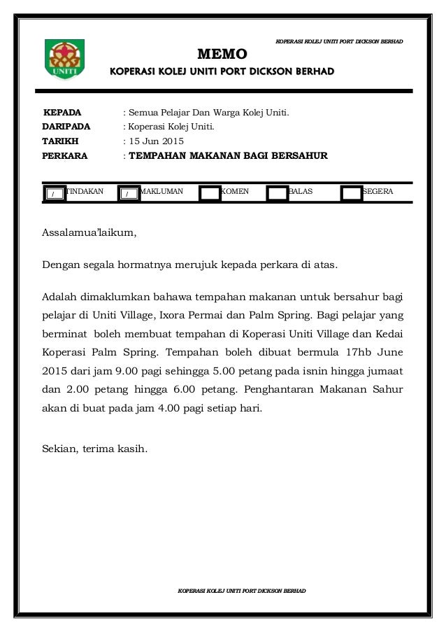 Memo Makluman Tempahan Makanan Untuk Sahur
