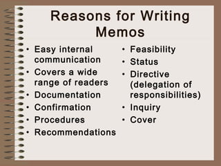 Reasons for Writing 
Memos 
• Easy internal 
communication 
• Covers a wide 
range of readers 
• Documentation 
• Confirmation 
• Procedures 
• Recommendations 
• Feasibility 
• Status 
• Directive 
(delegation of 
responsibilities) 
• Inquiry 
• Cover 
 