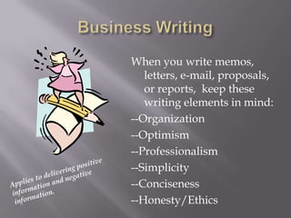 When you write memos,
   letters, e-mail, proposals,
   or reports, keep these
   writing elements in mind:
--Organization
--Optimism
--Professionalism
--Simplicity
--Conciseness
--Honesty/Ethics
 