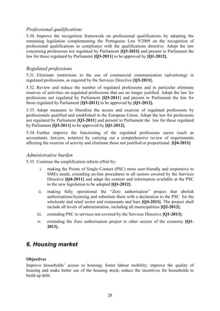 Professional qualifications
5.30. Improve the recognition framework on professional qualifications by adopting the
remaining legislation complementing the Portuguese Law 9/2009 on the recognition of
professional qualifications in compliance with the qualifications directive. Adopt the law
concerning professions not regulated by Parliament [Q3-2011] and present to Parliament the
law for those regulated by Parliament [Q3-2011] to be approved by [Q1-2012].

Regulated professions
5.31. Eliminate restrictions to the use of commercial communication (advertising) in
regulated professions, as required by the Services Directive [Q3-2011].
5.32. Review and reduce the number of regulated professions and in particular eliminate
reserves of activities on regulated professions that are no longer justified. Adopt the law for
professions not regulated by Parliament [Q3-2011] and present to Parliament the law for
those regulated by Parliament [Q3-2011] to be approved by [Q1-2012].
5.33. Adopt measures to liberalize the access and exercise of regulated professions by
professionals qualified and established in the European Union. Adopt the law for professions
not regulated by Parliament [Q3-2011] and present to Parliament the law for those regulated
by Parliament [Q3-2011] to be approved by [Q1-2012].
5.34. Further improve the functioning of the regulated professions sector (such as
accountants, lawyers, notaries) by carrying out a comprehensive review of requirements
affecting the exercise of activity and eliminate those not justified or proportional. [Q4-2011]

Administrative burden
5.35. Continue the simplification reform effort by:
        i.   making the Points of Single Contact (PSC) more user-friendly and responsive to
             SMEs needs, extending on-line procedures to all sectors covered by the Services
             Directive [Q4-2011] and adapt the content and information available at the PSC
             to the new legislation to be adopted [Q1-2012];
       ii.   making fully operational the “Zero authorisation” project that abolish
             authorisations/licensing and substitute them with a declaration to the PSC for the
             wholesale and retail sector and restaurants and bars [Q4-2011]. The project shall
             include all levels of administration, including all municipalities [Q2-2012];
      iii.   extending PSC to services not covered by the Services Directive [Q1-2013];
      iv.    extending the Zero authorisation project to other sectors of the economy [Q1-
             2013].



6. Housing market

Objectives
Improve households’ access to housing; foster labour mobility; improve the quality of
housing and make better use of the housing stock; reduce the incentives for households to
build up debt.



                                              28
 
