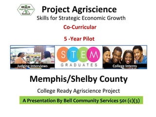 Project Agriscience
College Ready Agriscience Project
Memphis/Shelby County
Skills for Strategic Economic Growth
A Presentation By Bell Community Services 501 (c)(3)
College InternsJudging Interviews
Co-Curricular
5 -Year Pilot
 
