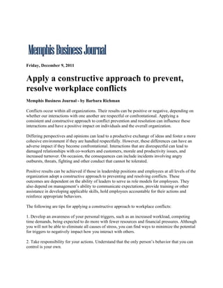 Memphis Business Journal.Apply A Constructive Approach To Prevent, Resolve Workplace Conflicts.12.9.11