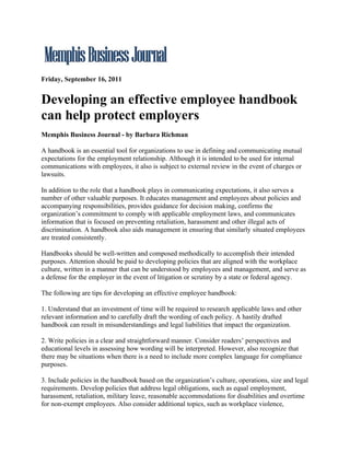 Memphis Business Journal.Developing An Effective Employee Handbook Can Help Protect Employers