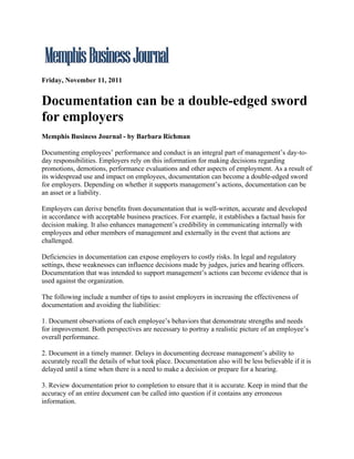 Memphis Business Journal.Documentation Can Be A Double Edged Sword For Employers11.11.11