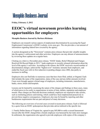 Memphis Business Journal.Eeo Cs Virtual Newsroom Provides Learning Opportunities For Employers.2.3.12