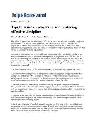Memphis Business Journal.Tips To Assist Employers In Administering Effective Discipline.10.21.11