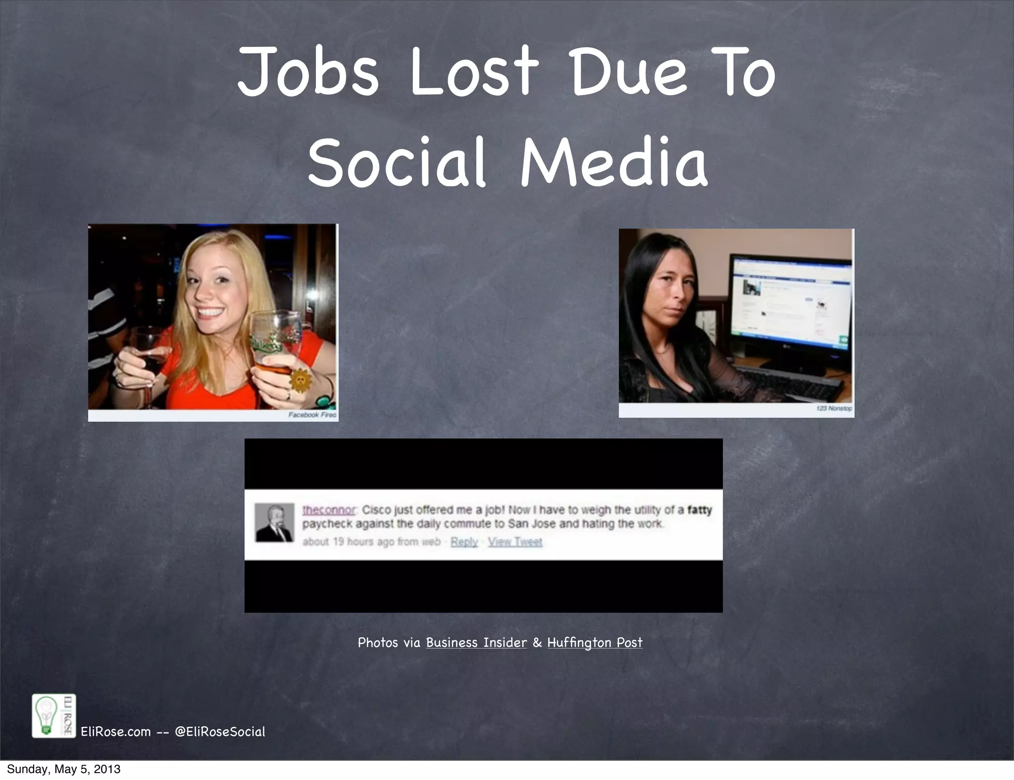 Jobs Lost Due To
Social Media
EliRose.com -- @EliRoseSocial
Photos via Business Insider & Hufﬁngton Post
Sunday, May 5, 2013
 