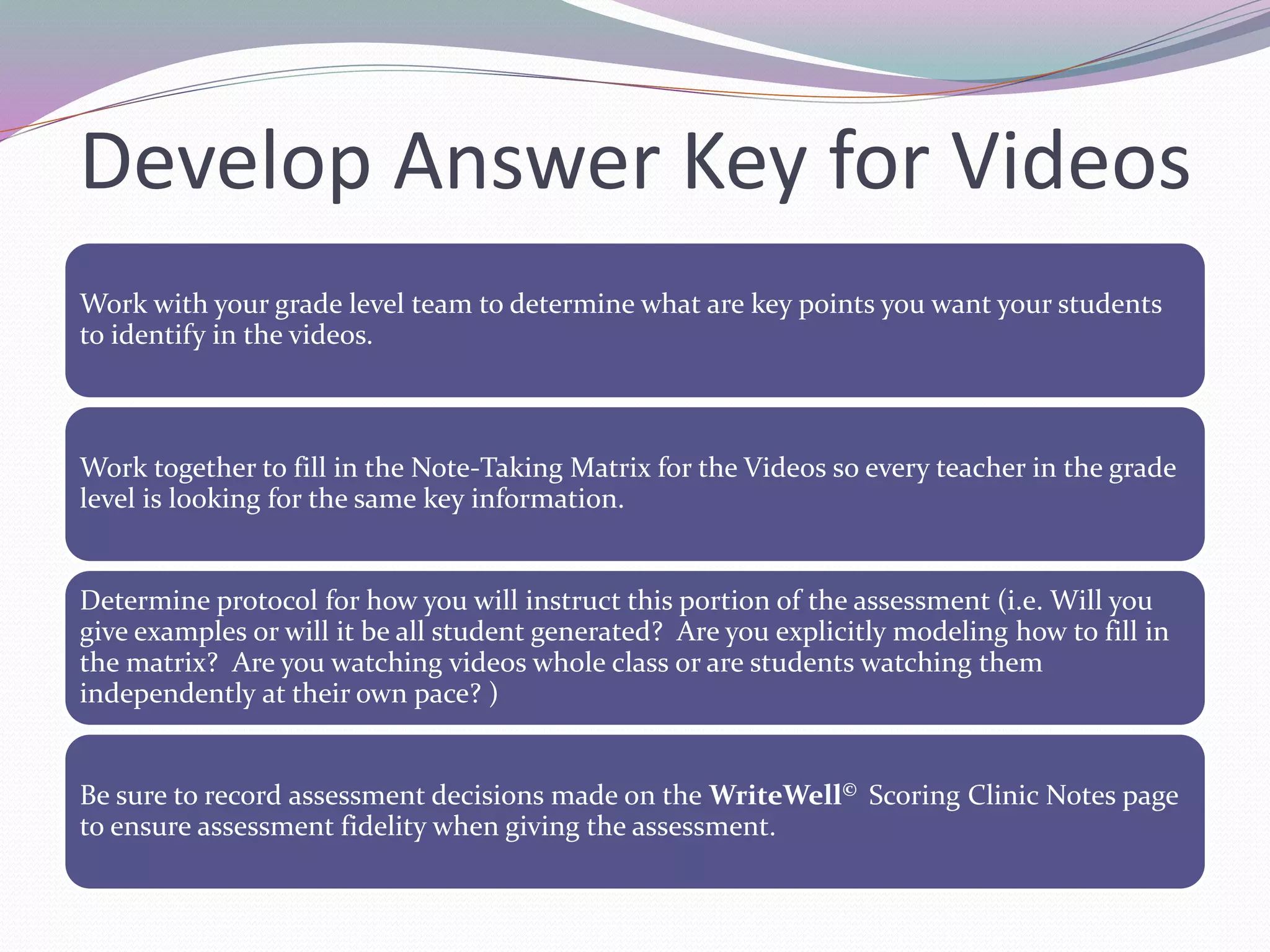 Develop Answer Key for Videos 
Work with your grade level team to determine what are key points you want your students 
to identify in the videos. 
Work together to fill in the Note-Taking Matrix for the Videos so every teacher in the grade 
level is looking for the same key information. 
Determine protocol for how you will instruct this portion of the assessment (i.e. Will you 
give examples or will it be all student generated? Are you explicitly modeling how to fill in 
the matrix? Are you watching videos whole class or are students watching them 
independently at their own pace? ) 
Be sure to record assessment decisions made on the WriteWell© Scoring Clinic Notes page 
to ensure assessment fidelity when giving the assessment. 
 