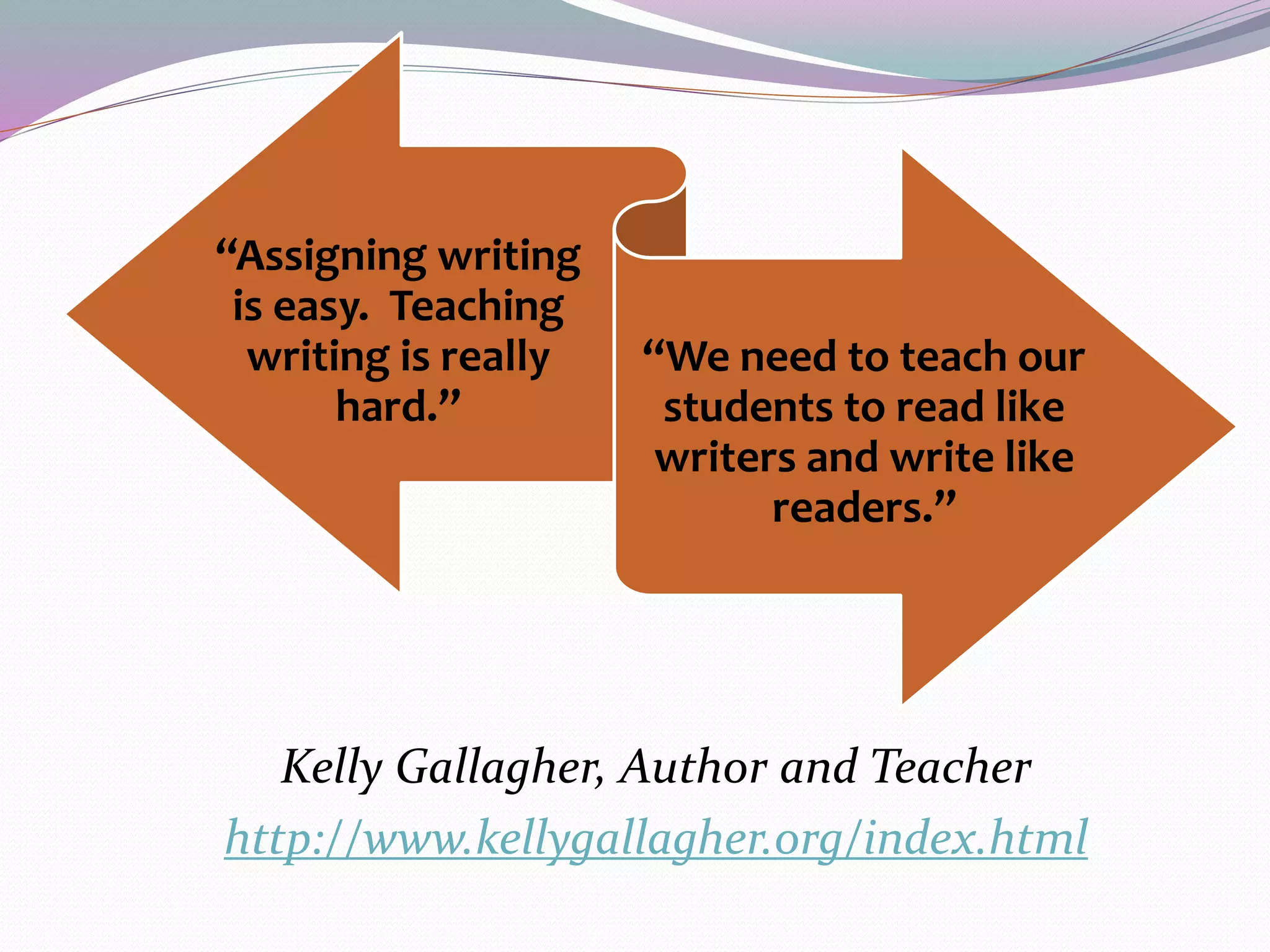 “Assigning writing 
is easy. Teaching 
writing is really 
hard.” 
“We need to teach our 
students to read like 
writers and write like 
readers.” 
Kelly Gallagher, Author and Teacher 
http://www.kellygallagher.org/index.html 
 