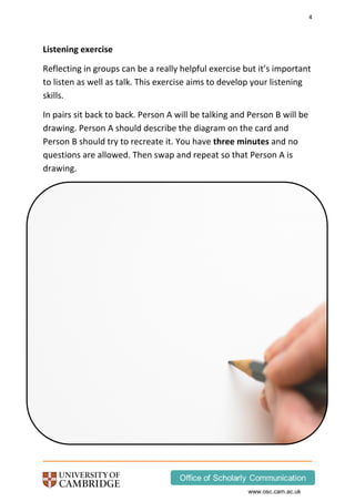 4
www.osc.cam.ac.uk
Listening exercise
Reflecting in groups can be a really helpful exercise but it’s important
to listen as well as talk. This exercise aims to develop your listening
skills.
In pairs sit back to back. Person A will be talking and Person B will be
drawing. Person A should describe the diagram on the card and
Person B should try to recreate it. You have three minutes and no
questions are allowed. Then swap and repeat so that Person A is
drawing.
 