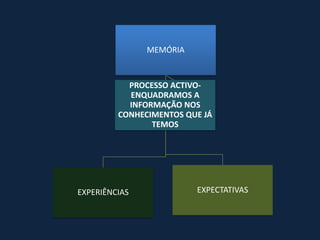 MEMÓRIA


           PROCESSO ACTIVO-
           ENQUADRAMOS A
           INFORMAÇÃO NOS
         CONHECIMENTOS QUE JÁ
                TEMOS




EXPERIÊNCIAS             EXPECTATIVAS
 