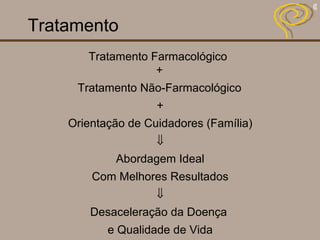 Tratamento + Orientação de Cuidadores (Família)  Abordagem Ideal Com Melhores Resultados  Desaceleração da Doença  e Qualidade de Vida Tratamento Farmacológico + Tratamento Não-Farmacológico 