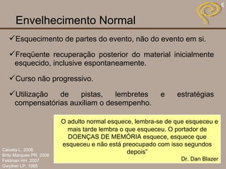 Envelhecimento Normal Esquecimento de partes do evento, não do evento em si. Freqüente recuperação posterior do material inicialmente esquecido, inclusive espontaneamente. Curso não progressivo. Utilização de pistas, lembretes e estratégias compensatórias auxiliam o desempenho. Caixeta L. 2006 Brito Marques PR. 2006 Feldman HH. 2007 Gwyther LP, 1985 “  O adulto normal esquece, lembra-se de que esqueceu e mais tarde lembra o que esqueceu. O portador de DOENÇAS DE MEMÓRIA esquece, esquece que esqueceu e não está preocupado com isso segundos depois” Dr. Dan Blazer 