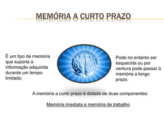 A memória a curto prazo é dotada de duas componentes:
Memória imediata e memória de trabalho
É um tipo de memória
que suporta a
informação adquirida
durante um tempo
limitado.
Pode no entanto ser
esquecida ou por
ventura pode passar à
memória a longo
prazo.
MEMÓRIA A CURTO PRAZO
 