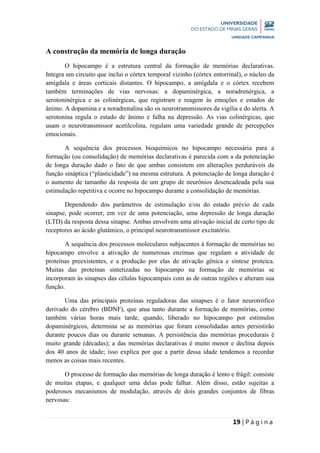 19 | P á g i n a
A construção da memória de longa duração
O hipocampo é a estrutura central da formação de memórias declarativas.
Integra um circuito que inclui o córtex temporal vizinho (córtex entorrinal), o núcleo da
amígdala e áreas corticais distantes. O hipocampo, a amígdala e o córtex recebem
também terminações de vias nervosas: a dopaminérgica, a noradrenérgica, a
serotoninérgica e as colinérgicas, que registram e reagem às emoções e estados de
ânimo. A dopamina e a noradrenalina são os neurotransmissores da vigília e do alerta. A
serotonina regula o estado de ânimo e falha na depressão. As vias colinérgicas, que
usam o neurotransmissor acetilcolina, regulam uma variedade grande de percepções
emocionais.
A sequência dos processos bioquímicos no hipocampo necessária para a
formação (ou consolidação) de memórias declarativas é parecida com a da potenciação
de longa duração dado o fato de que ambas consistem em alterações perduráveis da
função sináptica (“plasticidade”) na mesma estrutura. A potenciação de longa duração é
o aumento de tamanho da resposta de um grupo de neurônios desencadeada pela sua
estimulação repetitiva e ocorre no hipocampo durante a consolidação de memórias.
Dependendo dos parâmetros de estimulação e/ou do estado prévio de cada
sinapse, pode ocorrer, em vez de uma potenciação, uma depressão de longa duração
(LTD) da resposta dessa sinapse. Ambas envolvem uma ativação inicial de certo tipo de
receptores ao ácido glutâmico, o principal neurotransmissor excitatório.
A sequência dos processos moleculares subjacentes à formação de memórias no
hipocampo envolve a ativação de numerosas enzimas que regulam a atividade de
proteínas preexistentes, e a produção por elas de ativação gênica e síntese proteica.
Muitas das proteínas sintetizadas no hipocampo na formação de memórias se
incorporam às sinapses das células hipocampais com as de outras regiões e alteram sua
função.
Uma das principais proteínas reguladoras das sinapses é o fator neurotrófico
derivado do cérebro (BDNF), que atua tanto durante a formação de memórias, como
também várias horas mais tarde, quando, liberado no hipocampo por estímulos
dopaminérgicos, determina se as memórias que foram consolidadas antes persistirão
durante poucos dias ou durante semanas. A persistência das memórias procedurais é
muito grande (décadas); a das memórias declarativas é muito menor e declina depois
dos 40 anos de idade; isso explica por que a partir dessa idade tendemos a recordar
menos as coisas mais recentes.
O processo de formação das memórias de longa duração é lento e frágil: consiste
de muitas etapas, e qualquer uma delas pode falhar. Além disso, estão sujeitas a
poderosos mecanismos de modulação, através de dois grandes conjuntos de fibras
nervosas:
 