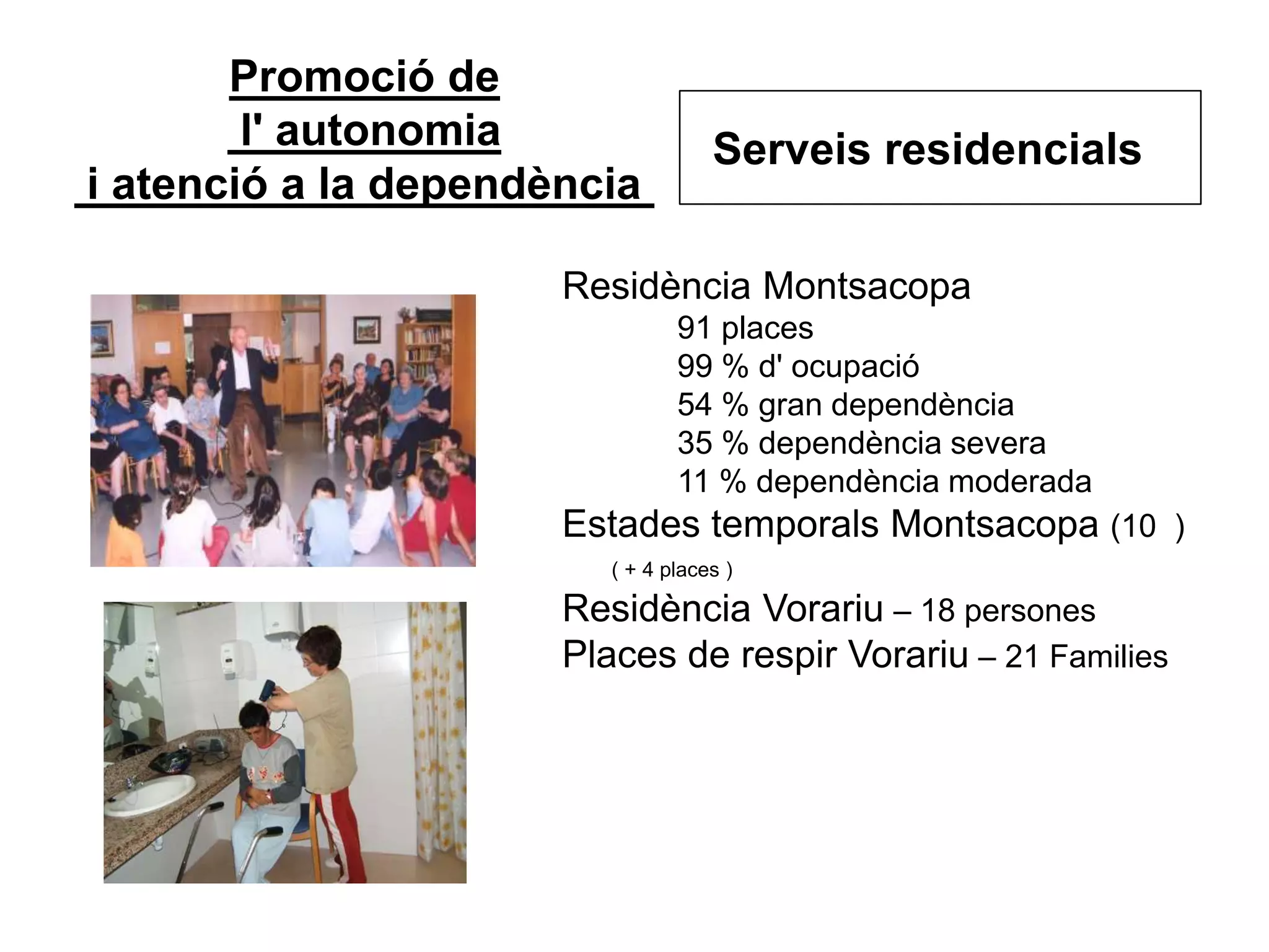 Promoció de
l' autonomia
i atenció a la dependència
Residència Montsacopa
91 places
99 % d' ocupació
54 % gran dependència
35 % dependència severa
11 % dependència moderada
Estades temporals Montsacopa (10 )
( + 4 places )
Residència Vorariu – 18 persones
Places de respir Vorariu – 21 Families
Serveis residencials
 