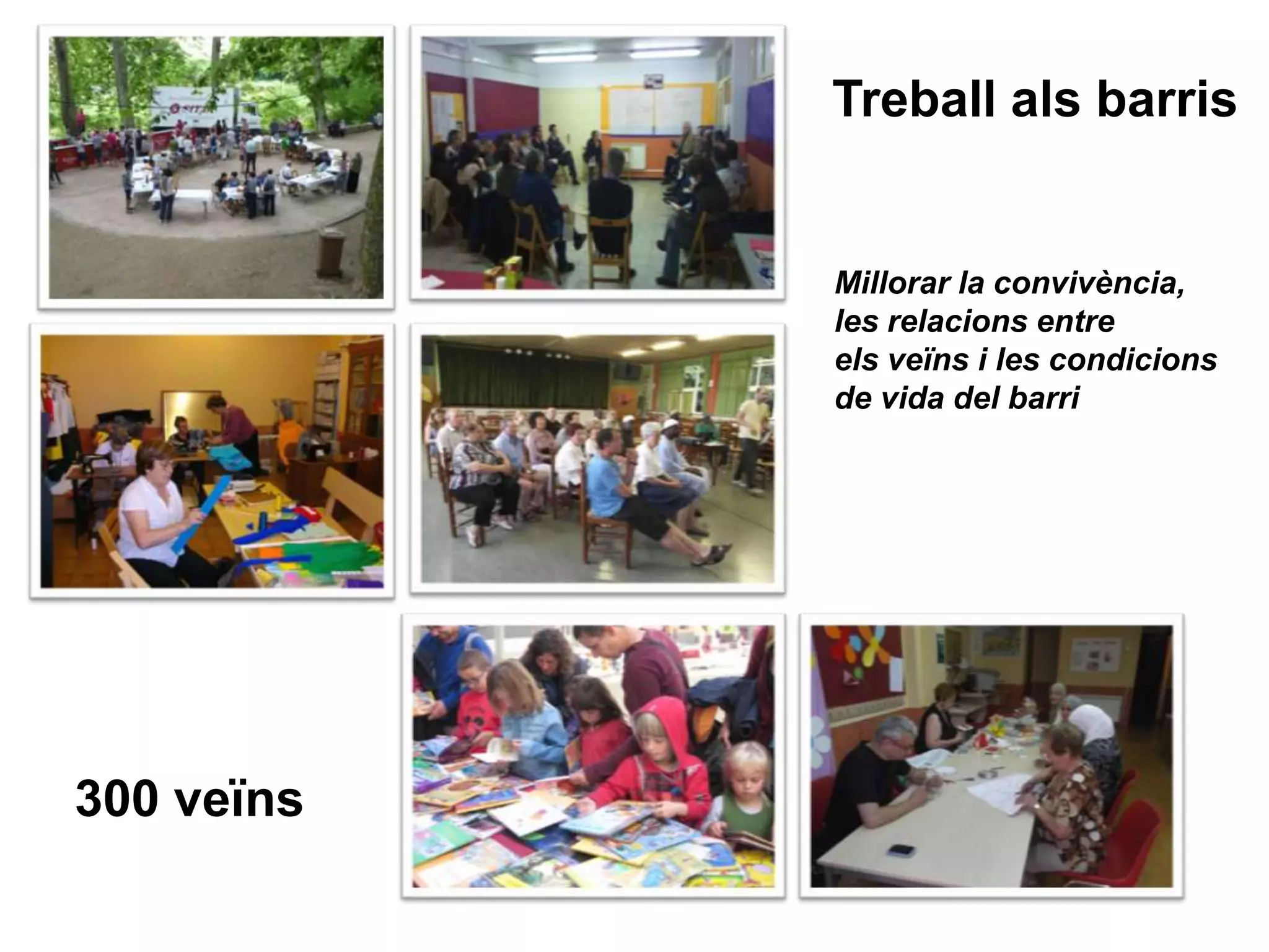 Treball als barris
Millorar la convivència,
les relacions entre
els veïns i les condicions
de vida del barri
300 veïns
 