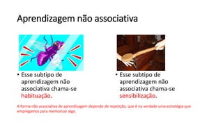 Aprendizagem não associativa
• Esse subtipo de
aprendizagem não
associativa chama-se
habituação.
• Esse subtipo de
aprendizagem não
associativa chama-se
sensibilização.
A forma não associativa de aprendizagem depende de repetição, que é na verdade uma estratégia que
empregamos para memorizar algo.
 