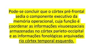 Pode-se concluir que o córtex pré-frontal
sedia o componente executivo da
memória operacional, cuja função é
coordenar as informações visuoespaciais
armazenadas no córtex parieto-occipital
e as informações fonológicas arquivadas
rio córtex temporal esquerdo.
 