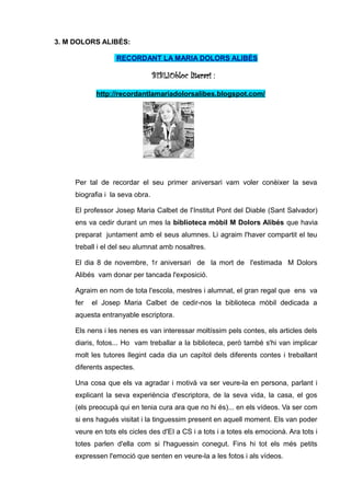 3. M DOLORS ALIBÉS:

                  RECORDANT LA MARIA DOLORS ALIBÉS

                                 BIBLIObloc liter...