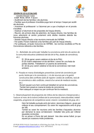 CEIP PUIG D’EN VALLS
- Acolliment de les famílies i els alumnes.
- Facilitar que el professor d’acollida pugui tenir el temps i l’espai per acollir
als alumnes.
- Incentivar al professorat i a l’alumnat per a que s’impliquin en el procés
d’acollida.
- Implicar a l’alumnat en les propostes de l’equip directiu.
- Reunió, els primers dies de setembre, de l’equip directiu i les famílies de
nova adscripció al centre juntament amb els/les mestres dels/de les
futurs/es alumnes.
- Assistir l’equip directiu a les reunions mensuals de l’APIMA.
- Fer públic l’horari d’atenció a les famílies per part de l’equip directiu.
- Fer públiques, al tauler d’anuncis de l’APIMA, les normes recollides al Pla de
Convivència referents a les famílies.


    3.- Activitats de centre per treballar la convivència amb tots els sectors de
    la comunitat educativa (celebració del dia de la Pau, diades de convivència,
    etc.)
          El 28 de gener varem celebrar el dia de la PAU.
          El 20 d’abril celebrarem el dia del llibre i varem fer una festa de
          portes obertes. Treballarem un poema de sentiments.
          El 22 de juny varem celebrar el dia de la convivència i del medi
          ambient.

    4.- Posada en marxa d’estratègies preventives (carnet de convivència per
        punts, bústia per a la convivència...), i/o de recursos per a la gestió
        constructiva dels conflictes (fulls de registre i anàlisi de conflictes, racó de
        la convivència o dels conflictes, creació d’un servei de mediació escolar,
        etc.)
         Durant aquest curs hem continuat treballant el carnet de convivència.
         També hem posat en marxa la bústia de convivència.
         Hem adequat un espai nou per continuar fent la mediació.

5.- Desenvolupament de programes de millora de les relacions interpersonals a
l’aula en el marc de la tutoria (millora de la comunicació, interculturalitat, treball
cooperatiu, programes de competència social, creació i consolidació de grup, etc.).
            Hem fet treballs puntuals amb els tutors i alumnes d’alguns grups per
            millorar el seu comportament. Es varen fer negociacions amb el grup
            de 3rB.
            També es varen fer reunions amb les famílies d’aquestos alumnes
            per demanar la seva col·laboració i treballar tots junts per millorar
            aquestes conductes.
            Es va actuar a l’hora del pati deixant tres dies sense futbol, ja que
            aquest joc ocasiona molts problemes.


CP PUIG D’EN VALLS. Ciutat Jardí s/n. 07819 Puig d’en Valls. Tlf i fax: 971315427.
E-mail: cppuigdenvalls@educacio.caib.es N.I.F. S-0718163-I
 