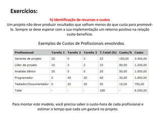 Exercícios:
                        h) Identificação de recursos e custos
Um projeto não deve produzir resultados que valham menos do que custa para promovê-
 lo. Sempre se deve esperar com a sua implementação um retorno positivo na relação
                                   custo-benefício.

                  Exemplos de Custos de Profissionais envolvidos.




   Para montar este modelo, você precisa saber o custo-hora de cada profissional e
                 estimar o tempo que cada um gastará no projeto.
 