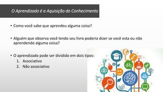 • Como você sabe que aprendeu alguma coisa?
• Alguém que observa você lendo seu livro poderia dizer se você esta ou não
aprendendo alguma coisa?
• O aprendizado pode ser dividido em dois tipos:
1. Associativo
2. Não associativo
O Aprendizado é a Aquisição do Conhecimento
 