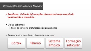 • Problema: Falta de informações dos mecanismos neurais do
pensamento e memória.
• O que sabemos:
• Papel do córtex na profundidade do pensamento
• Pensamentos envolvem diversas estruturas
Pensamentos, Consciência e Memória
Córtex Tálamo
Sistema
límbico
Formação
reticular
 
