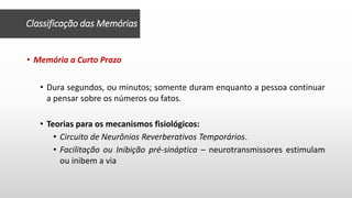 Classificação das Memórias
• Memória a Curto Prazo
• Dura segundos, ou minutos; somente duram enquanto a pessoa continuar
a pensar sobre os números ou fatos.
• Teorias para os mecanismos fisiológicos:
• Circuito de Neurônios Reverberativos Temporários.
• Facilitação ou Inibição pré-sináptica – neurotransmissores estimulam
ou inibem a via
 