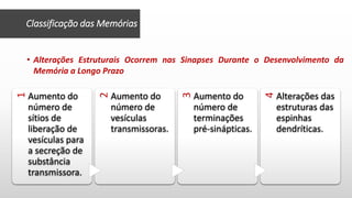 Classificação das Memórias
• Alterações Estruturais Ocorrem nas Sinapses Durante o Desenvolvimento da
Memória a Longo Prazo
1
Aumento do
número de
sítios de
liberação de
vesículas para
a secreção de
substância
transmissora.
2
Aumento do
número de
vesículas
transmissoras.
3
Aumento do
número de
terminações
pré-sinápticas.
4
Alterações das
estruturas das
espinhas
dendríticas.
 