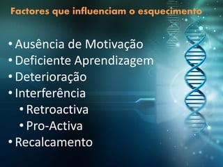 Factores que influenciam o esquecimento
• Ausência de Motivação
• Deficiente Aprendizagem
• Deterioração
• Interferência
• Retroactiva
• Pro-Activa
• Recalcamento
 